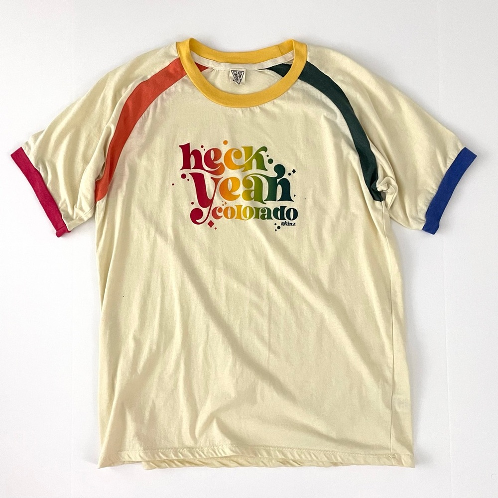 Akinz Rainbow Heck Yeah Colorado Camp Collection Retro Ringer Tee, Large